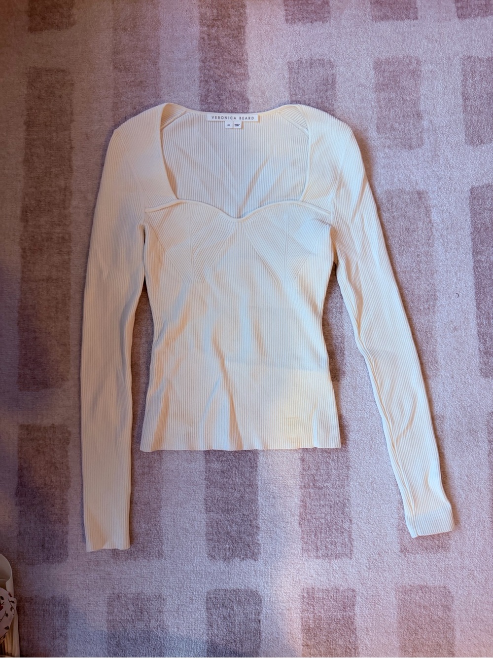 Veronica Beard Ivory Ribbed Long-Sleeve Sweetheart-Neck Top